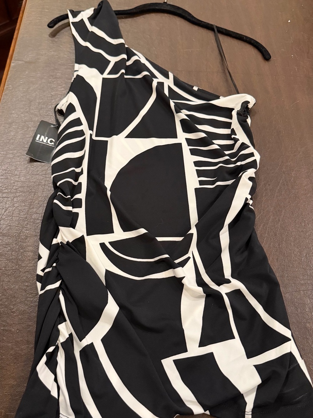 INC International Concepts Black and White One-Shoulder Geometric Top